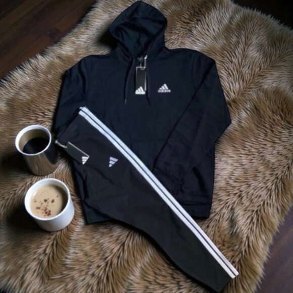 NWT 2 PC ADIDAS M HOODIE AND LEGGINGS 3 STRIPE MATCHING SET BLACK WHITE BUNDLE - Picture 2 of 5